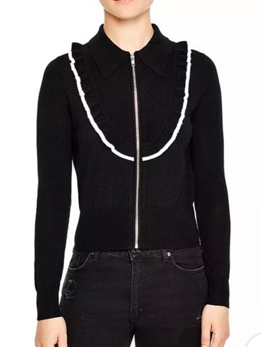 Sandro Paris Tao Ruffled Zip Up Cardigan Womens Size 1 US S Wool Romantic Luxe